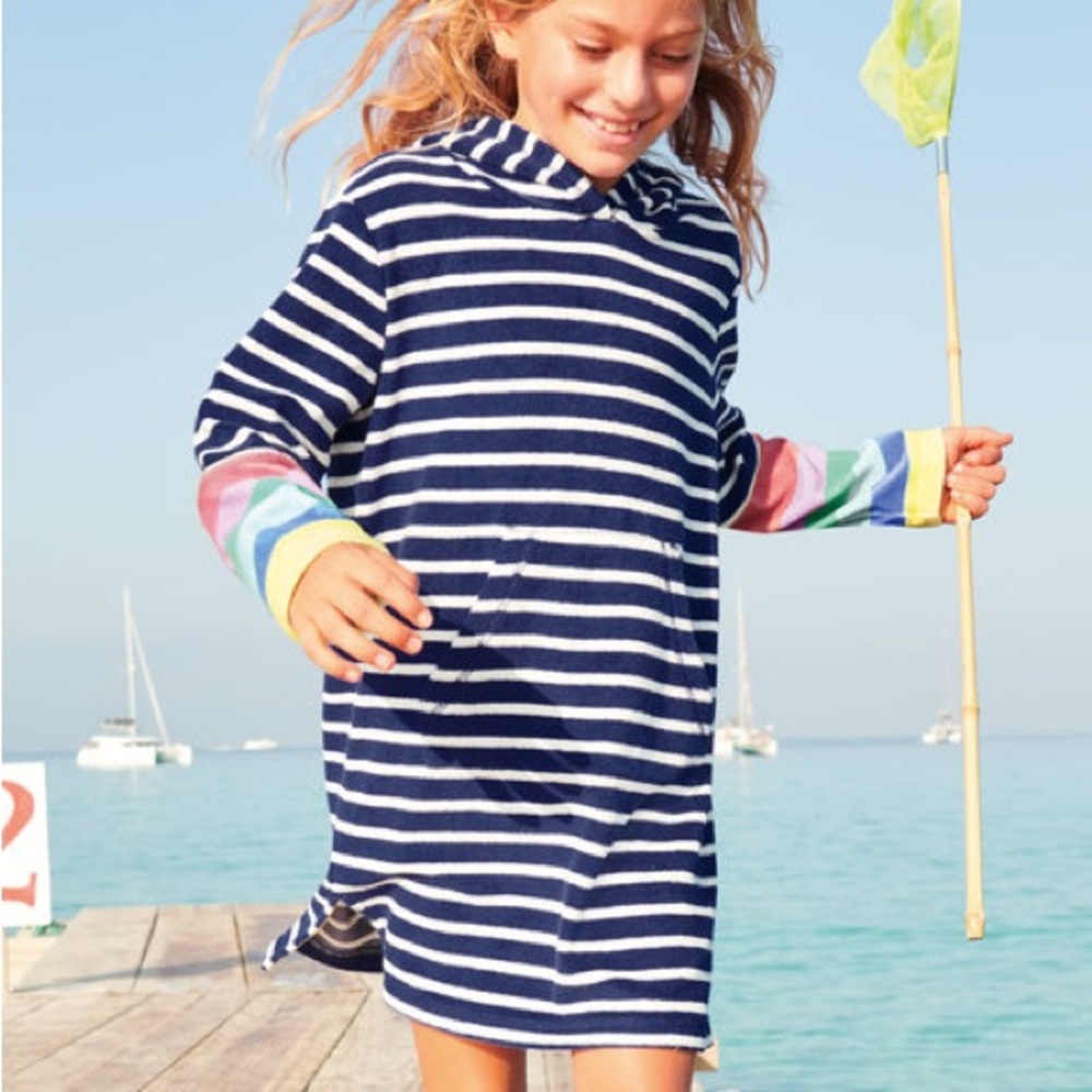 Mini Boden Navy Striped Kids Swim Coverup with Colorful Sleeves